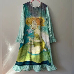 Disney Tinker Bell Long Sleeve Velour AOP Blue Green Nightgown  Estimated Y 7/8